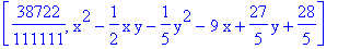 [38722/111111, x^2-1/2*x*y-1/5*y^2-9*x+27/5*y+28/5]